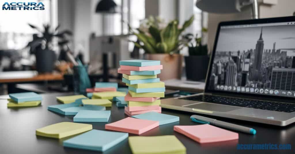 A stack of 3x3 inches sticky notes on a desk.