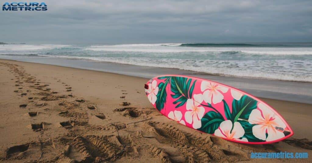 3 feet in length Surfboard positioned on a beach, with waves in the background.