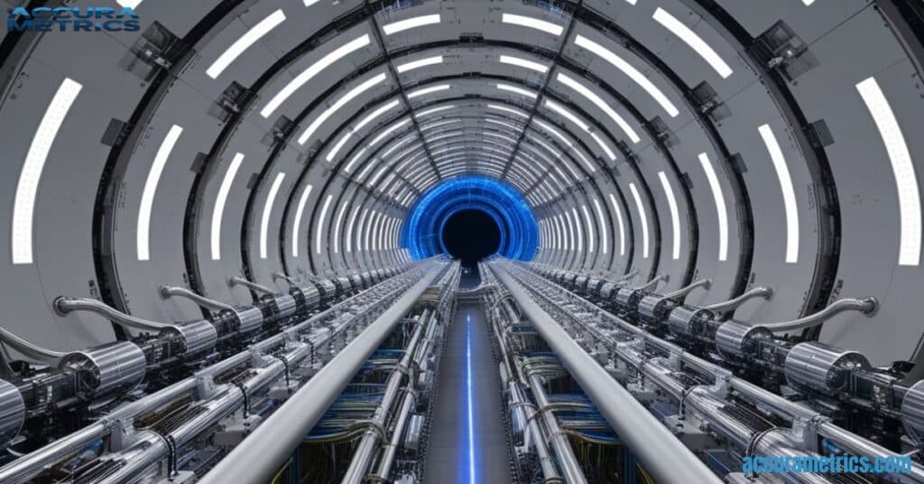 The Large Hadron Collider’s circular tunnel filled with advanced machinery, curving away into the distance,