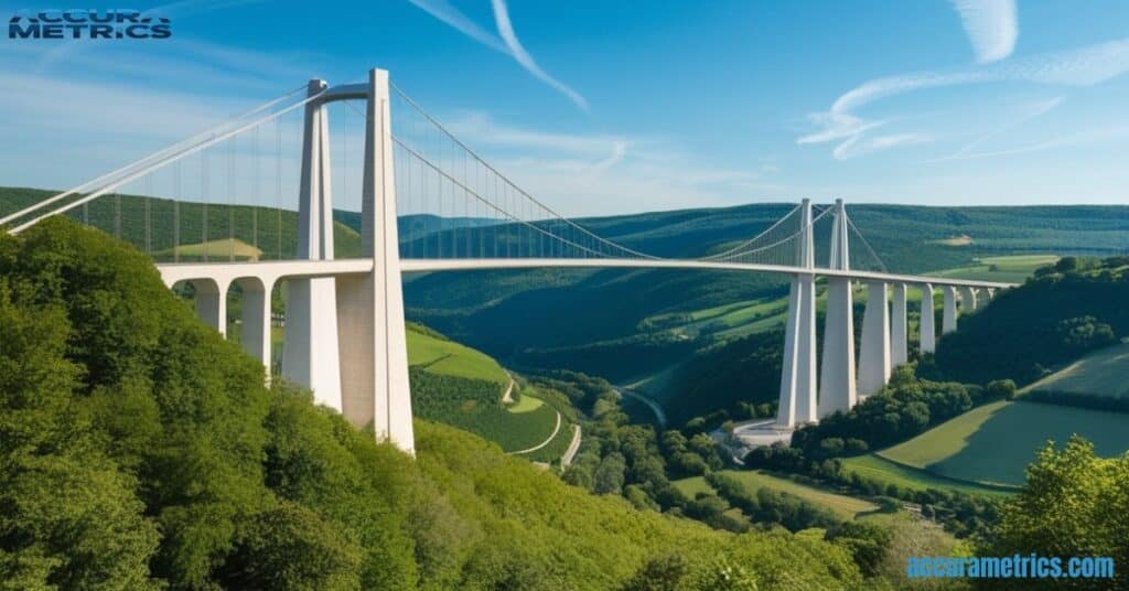 Millau Viaduct, with its tallest pylon reaching 343 meters, contrasted with the 500 meter scale.