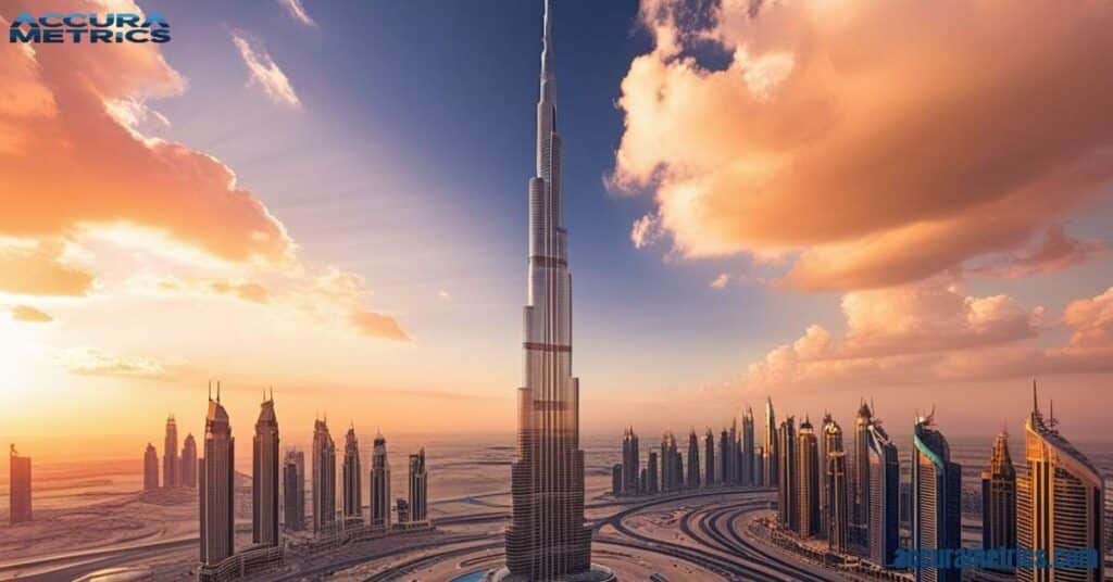 The towering Burj Khalifa seen from the city, reaching heights