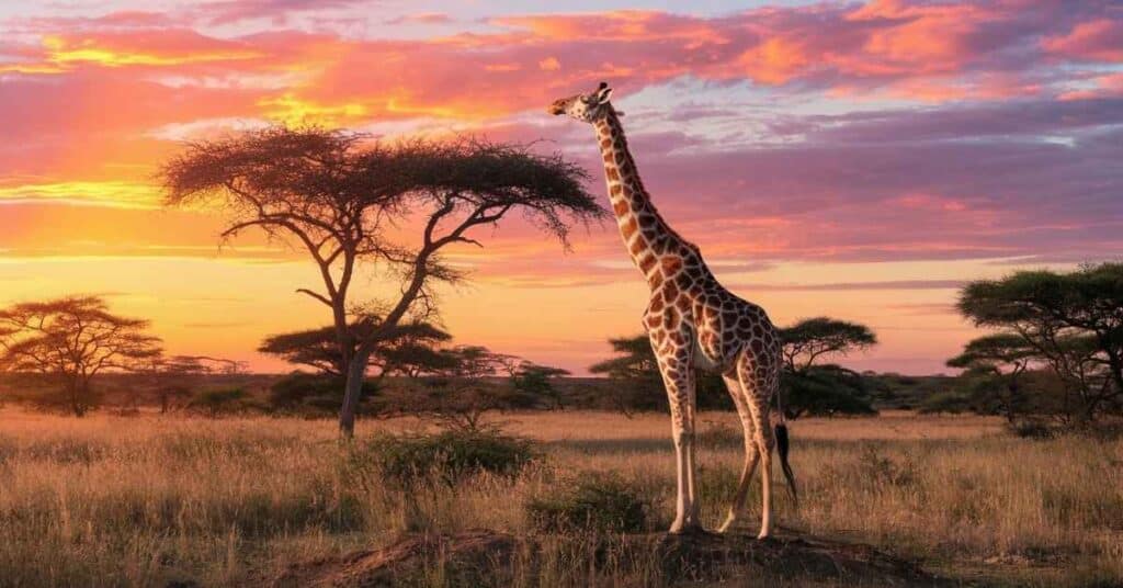 The towering neck of a giraffe, about 10 feet high, reaches for treetops.