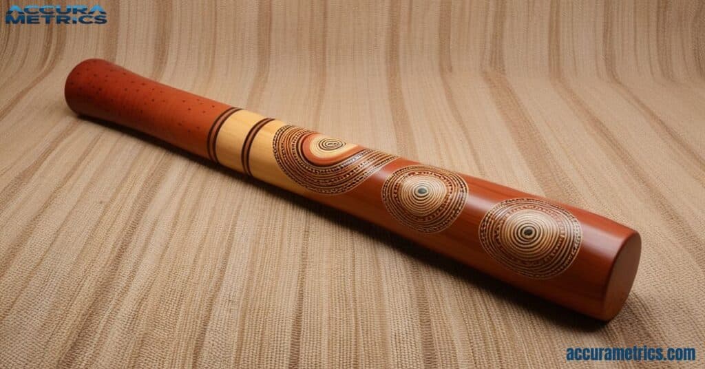 Traditional didgeridoo, roughly 1 meter long, with detailed carvings.