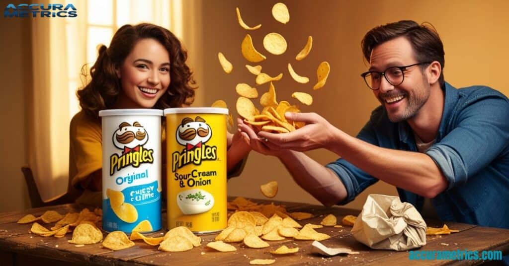 Two cans on a table with chips spilling out, and two hands reaching to pick up the chips.