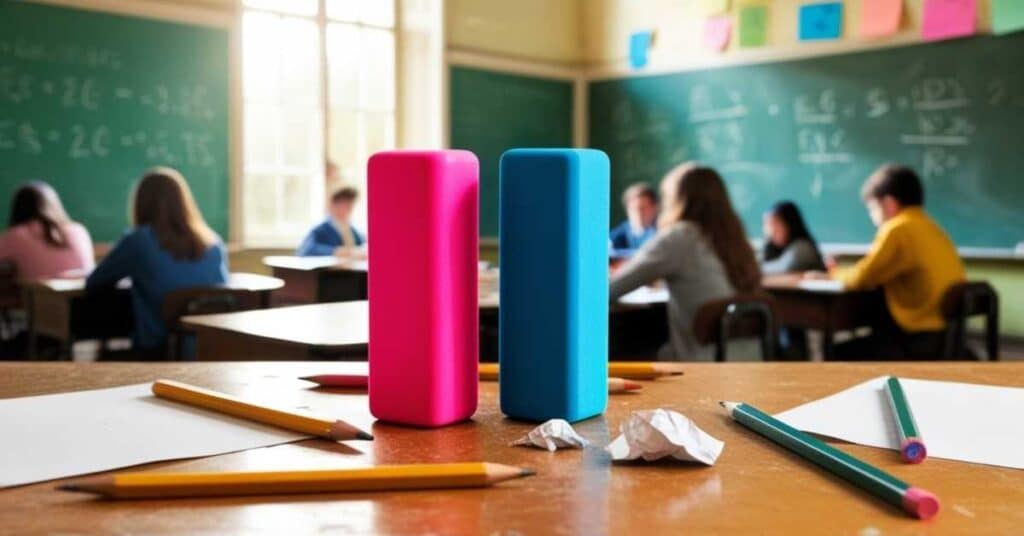 Two erasers on a wooden desk, measuring a combined length of 10 centimeters..