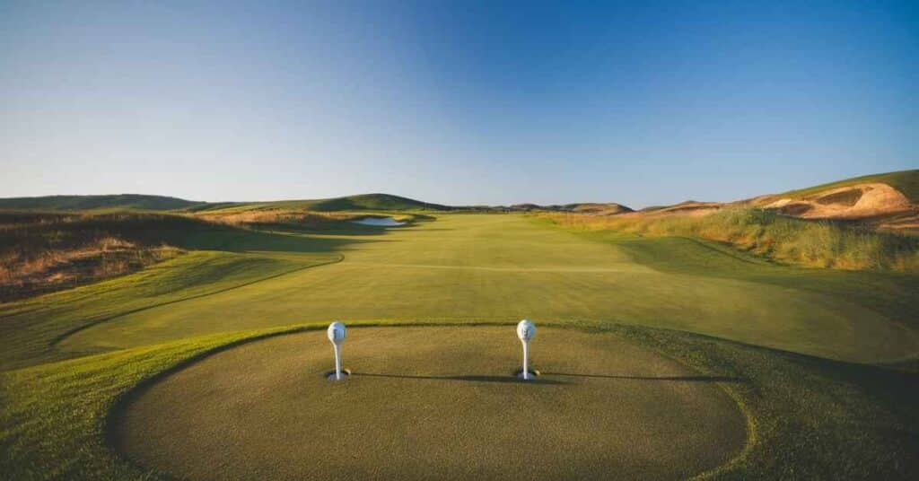 Two golf tees on a golf course, measuring a combined length of 10 cm.