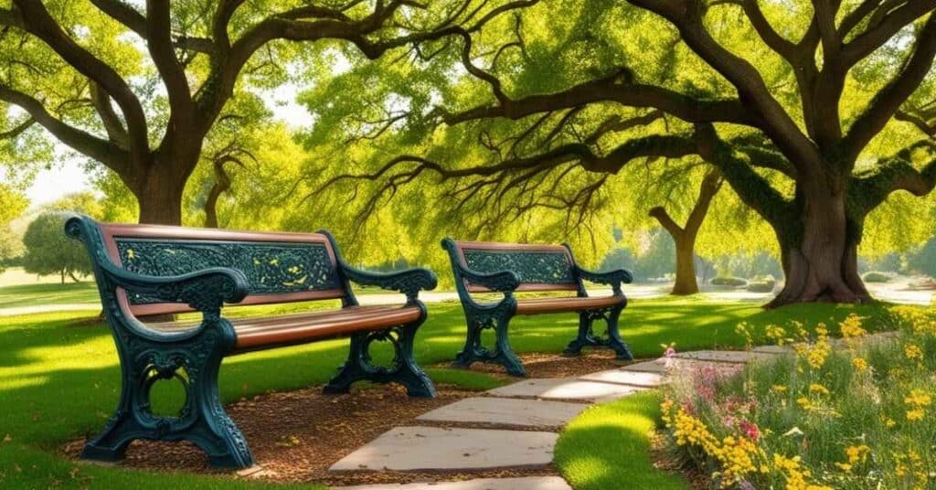 Two park benches are positioned 10 feet apart beneath a canopy of trees.