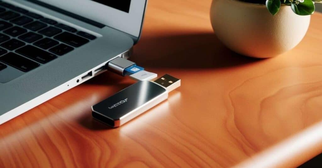 USB flash drive plugged into a laptop on a wooden desk with a plant.