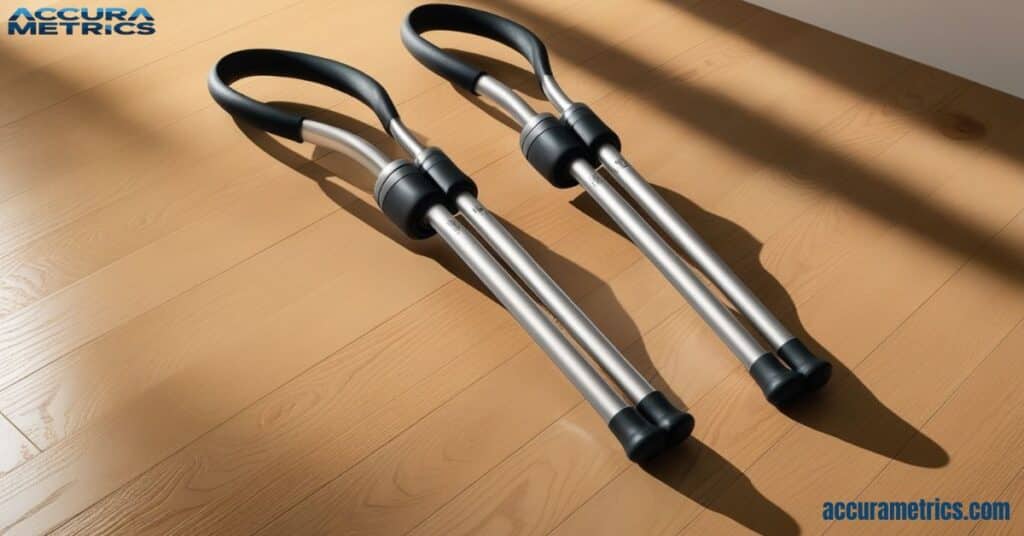 3 feet Underarm crutches positioned on a wooden floor, highlighting their ergonomic features.