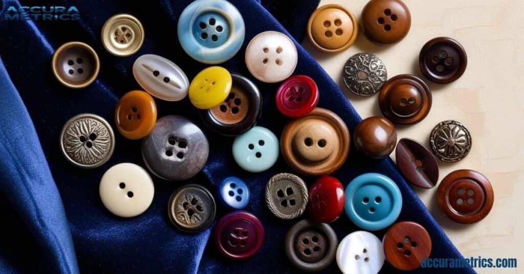 Variety of coat buttons in different materials on fabric, some measuring around 2 centimeters in diameter.