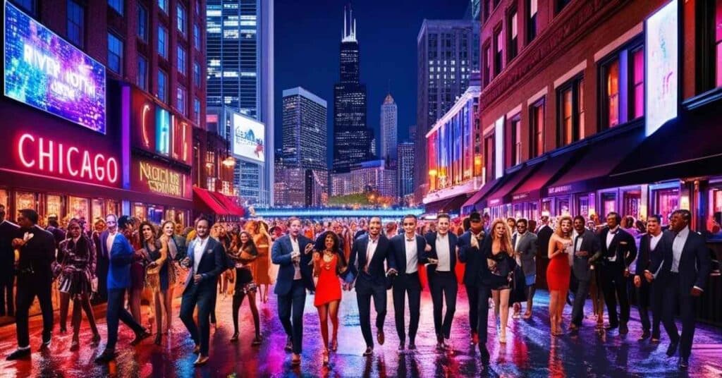 Vibrant nightlife in the River North district of Chicago.