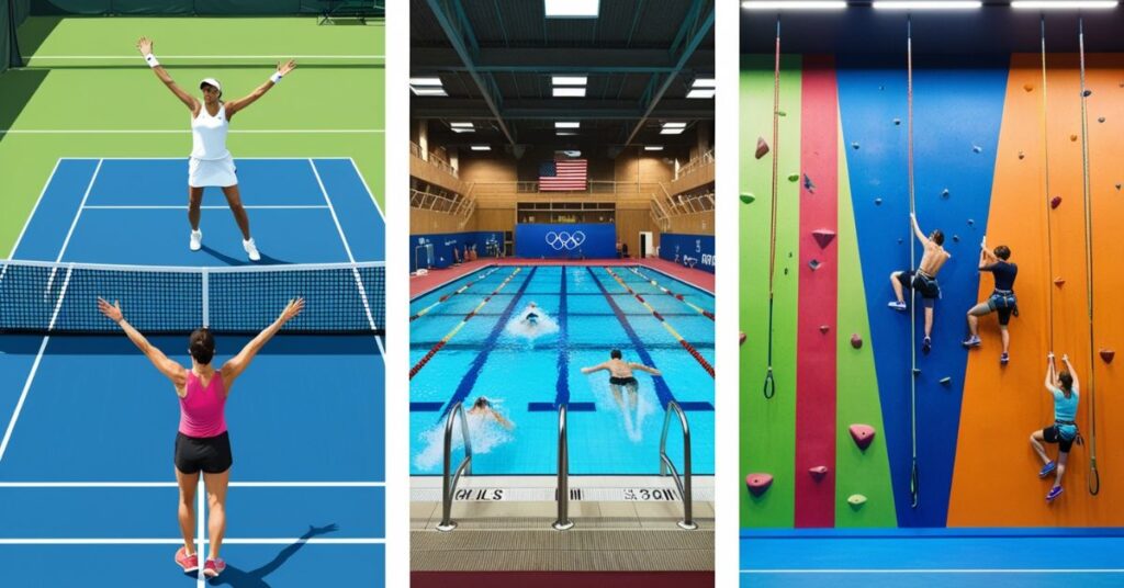 Visual of sports a tennis player, swimmers in an Olympic pool, and climbers on an indoor wall.