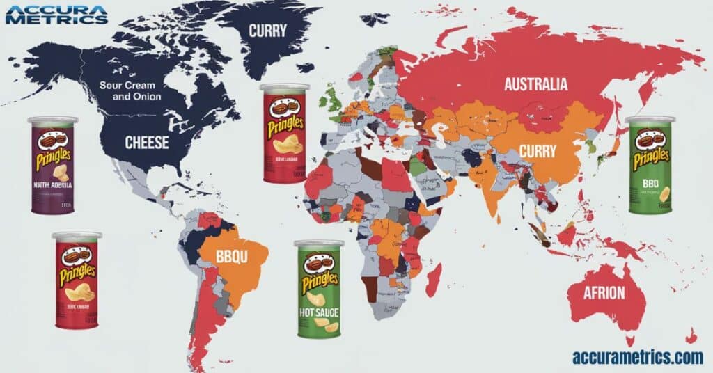 World map showing different flavors of Pringles around the globe