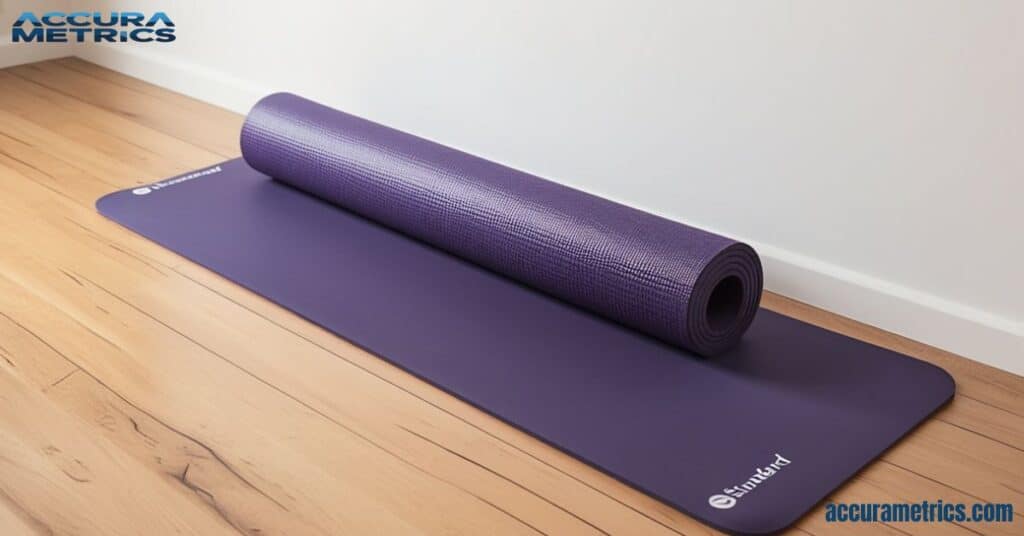 Yoga mat unrolled showing its length of one meter.