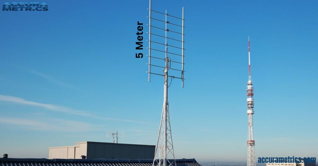 5 meters long antenna on a rooftop against a clear blue sky, surrounded by nearby buildings and communications towers.