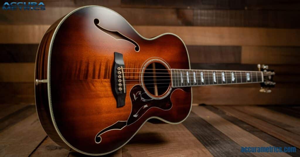 Close-up of an 3 feet acoustic guitar highlighting its design and craftsmanship.