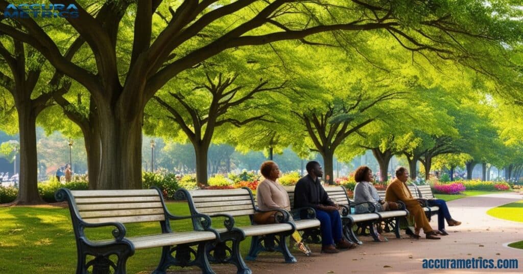 A series of benches in a park, showcasing communal seating for visitors.