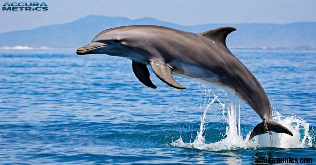 A bottlenose dolphin in mid leap, highlighting its playful nature in the ocean.