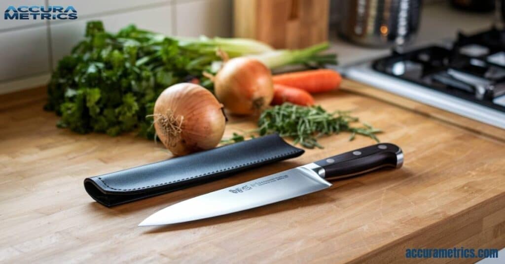 chef's knife on a kitchen counter