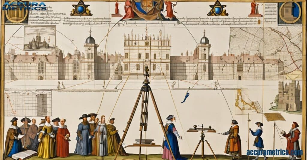 Renaissance scene showing advancements in surveying with the surveyor's chain and theodolite, as monarchs and scientists work on standardizing measurements.