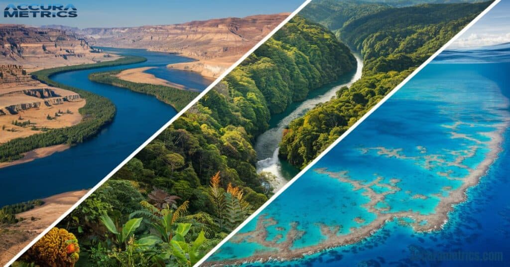 A collage of the Nile River, Amazon Rainforest, and Great Barrier Reef, showcasing the significance of 500 km in these ecosystems.