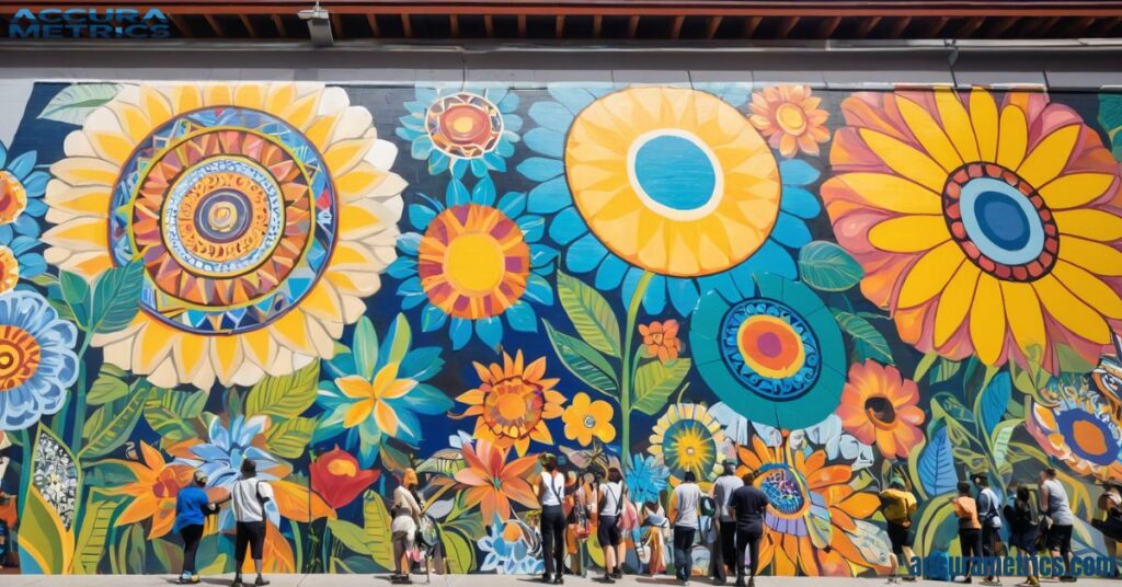 A colorful 5 meter mural with detailed designs in a bustling urban area.