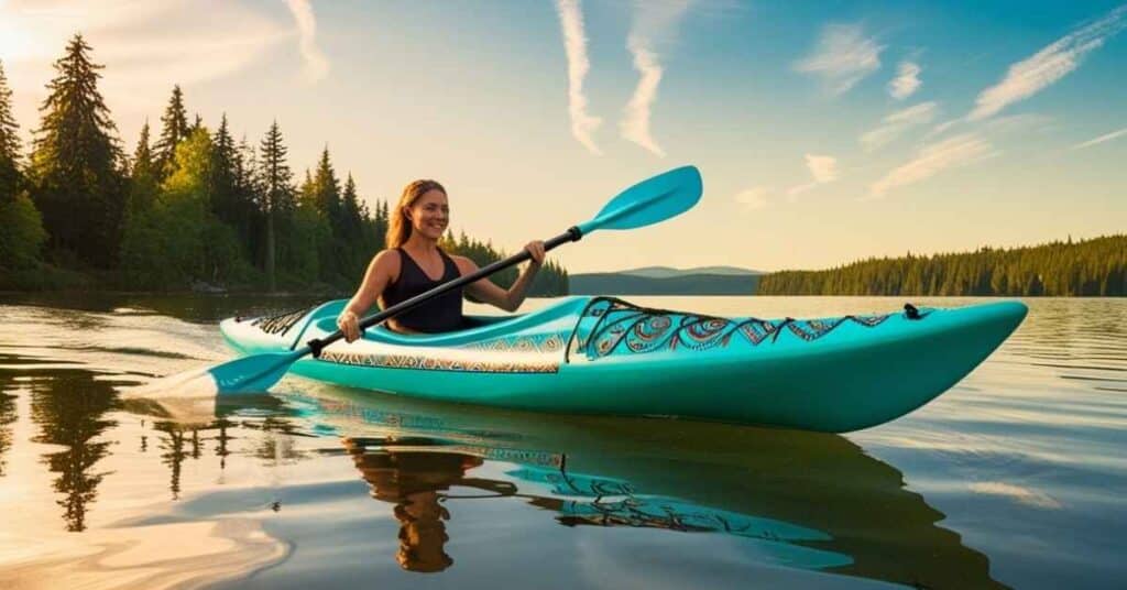 A colorful kayak glides across a tranquil lake.