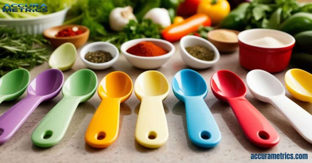 An assortment of colorful tablespoons on a kitchen countertop, illustrating that 100 ml is roughly equivalent to 6.8 tablespoons