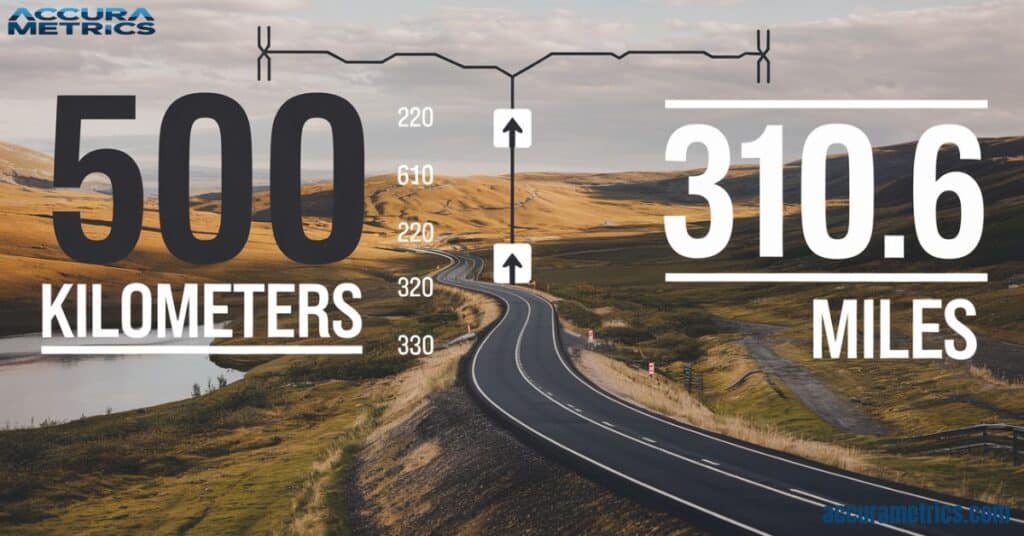 A road illustrating the difference between kilometers and miles, comparing 500 kilometers to 310.6 miles.