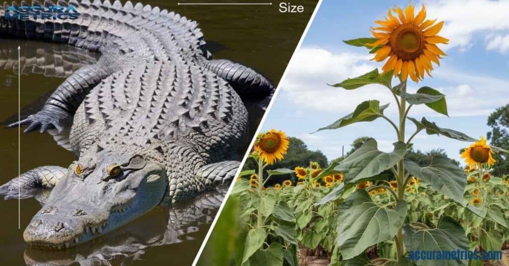 A majestic saltwater crocodile and a towering sunflower in a vibrant garden.