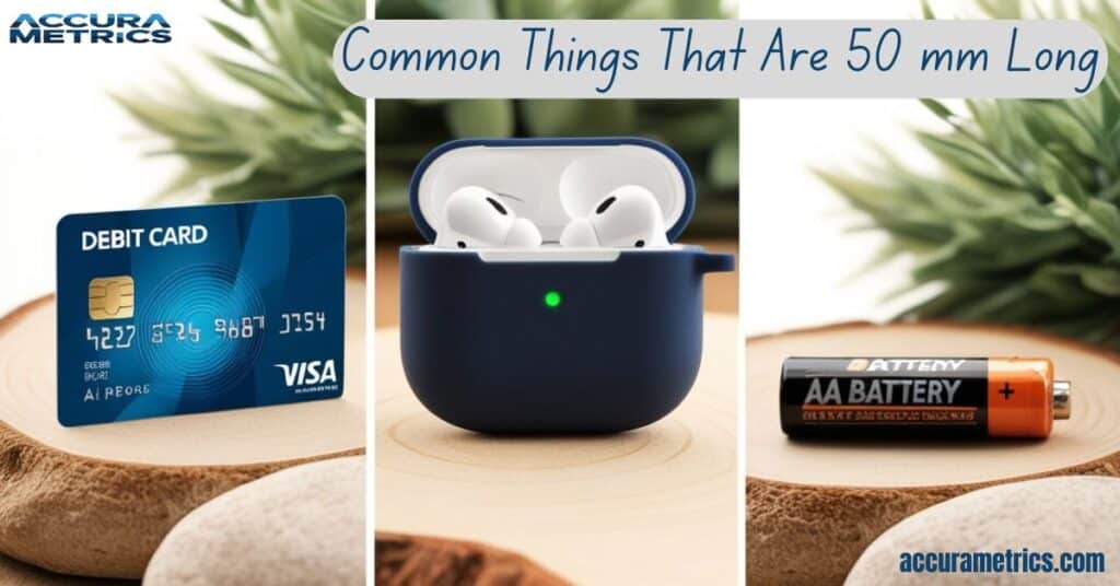 50 mm images showing a debit card, AirPods case, and AA battery on natural surfaces with greenery in the background.