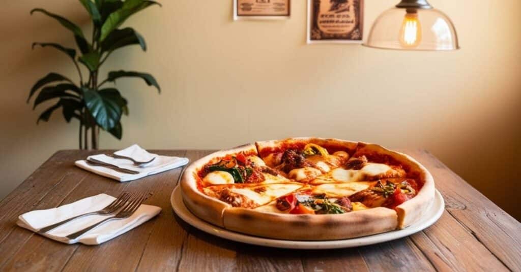 A delicious deep dish pizza on a table at café