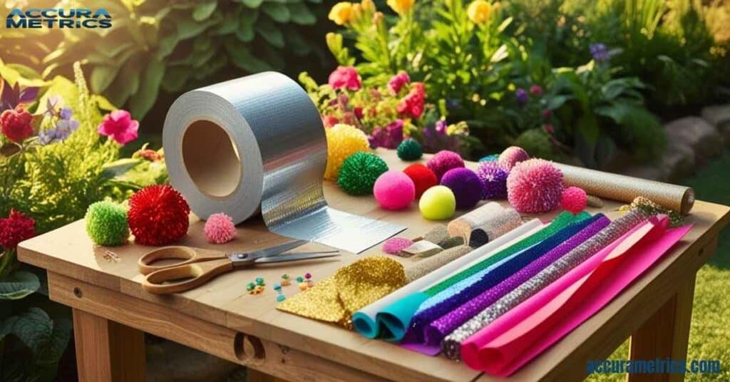 A roll of 50 mm duct tape on a crafting table with colorful materials in a sunny garden.