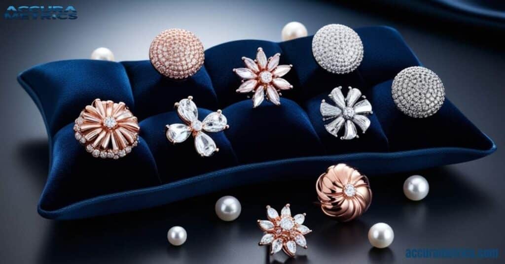 Elegant display of sparkling earring studs on a velvet cushion.