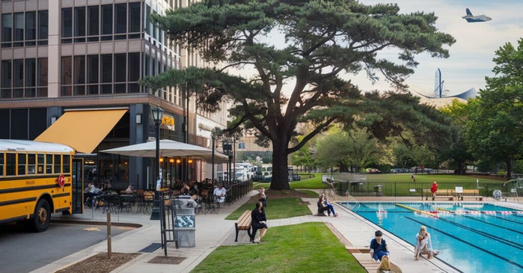 Image showcasing a school bus, café awning, towering tree, and swimming pool, highlighting the significance of everyday measurements.