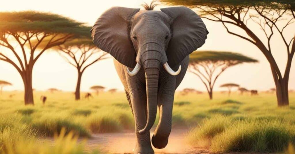 A female African elephant, typically weighing around 10 tons, gently roams the savannah.