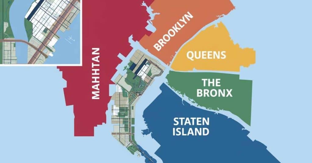 Graphic showing the five boroughs of New York City.