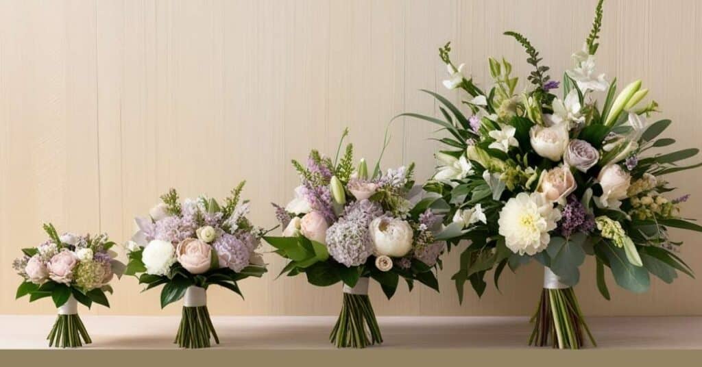 Comparison of small, medium, and large flower bouquet sizes arranged in a row