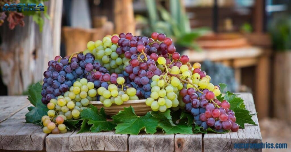 Bowl of fresh grapes on a rustic wooden table highlighting their natural colors.