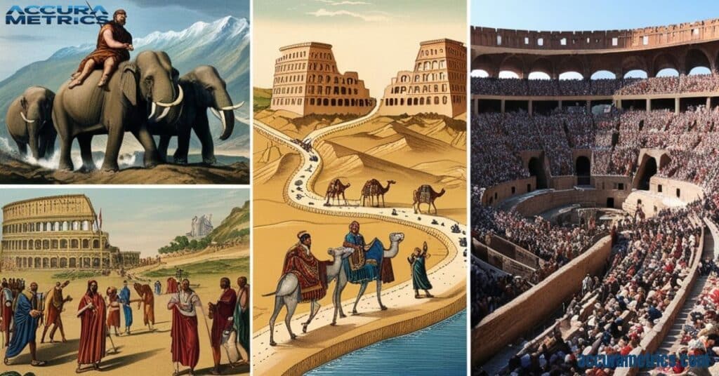 A collage depicting Hannibal crossing the Alps with elephants, the Silk Road with merchants, and a Roman stadium, showcasing key historical events and travel