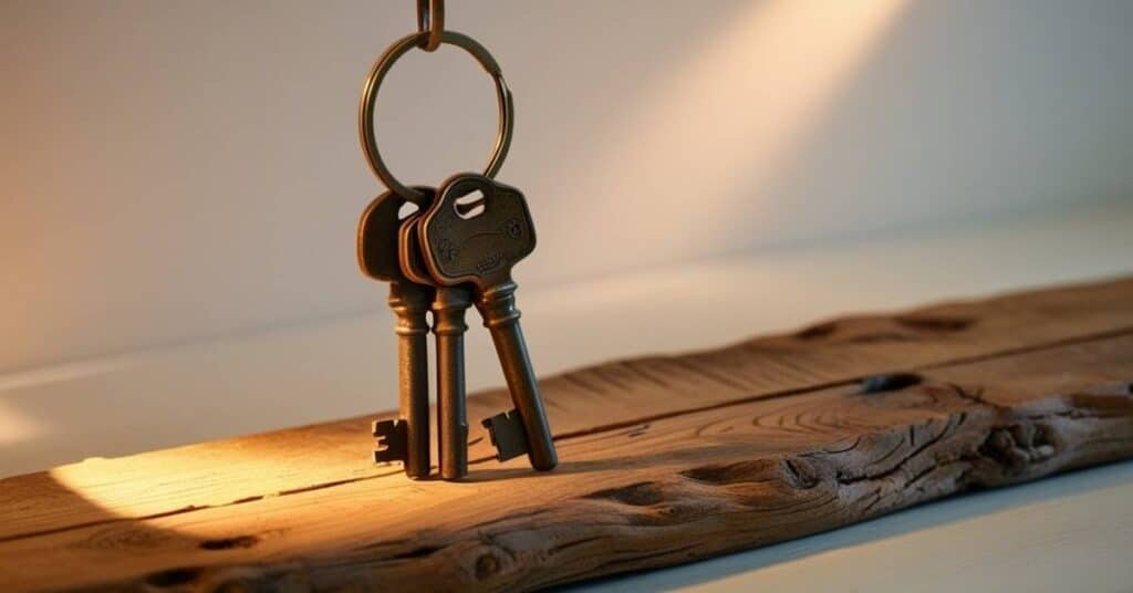 Set of house keys on a keyring on a wooden surface.