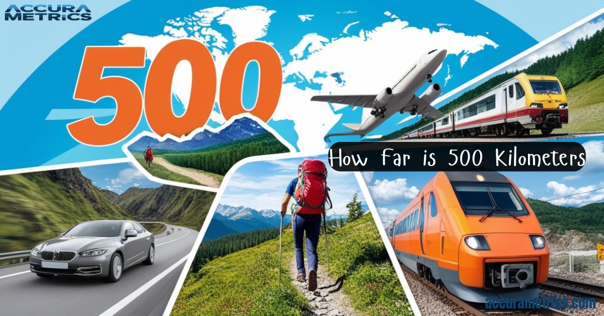 A dynamic collage featuring a car, hiker, plane, and train against a map background, illustrating the journey of 500 kilometers.