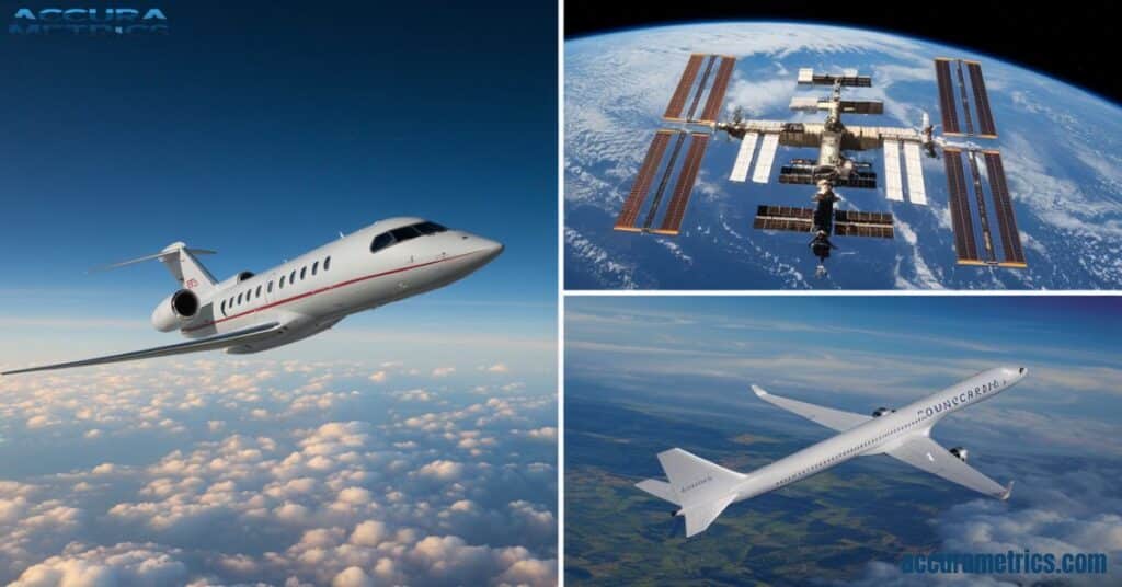 A collage of a passenger jet, the International Space Station, and the Concorde, illustrating various ways to cover distances in the air