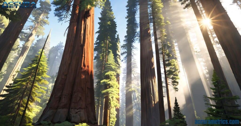 View of towering redwood trees in a forest, with a visual representation of a 400-foot line next to the tallest tree, Hyperion, which stands at 380.1 feet.