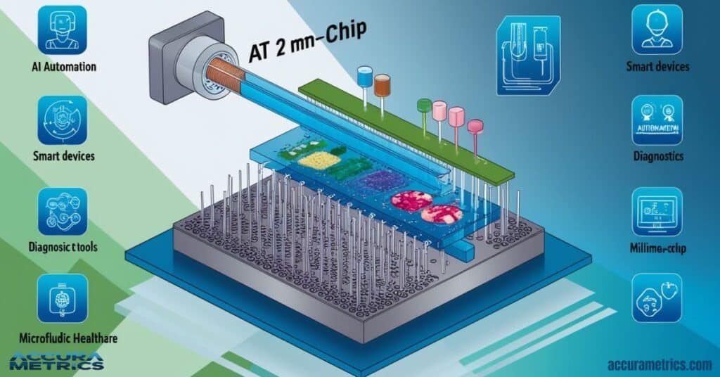 Diagram of a 2 Millimeters lab-on-a-chip microfluidics device with microchannels and AI automation icons.