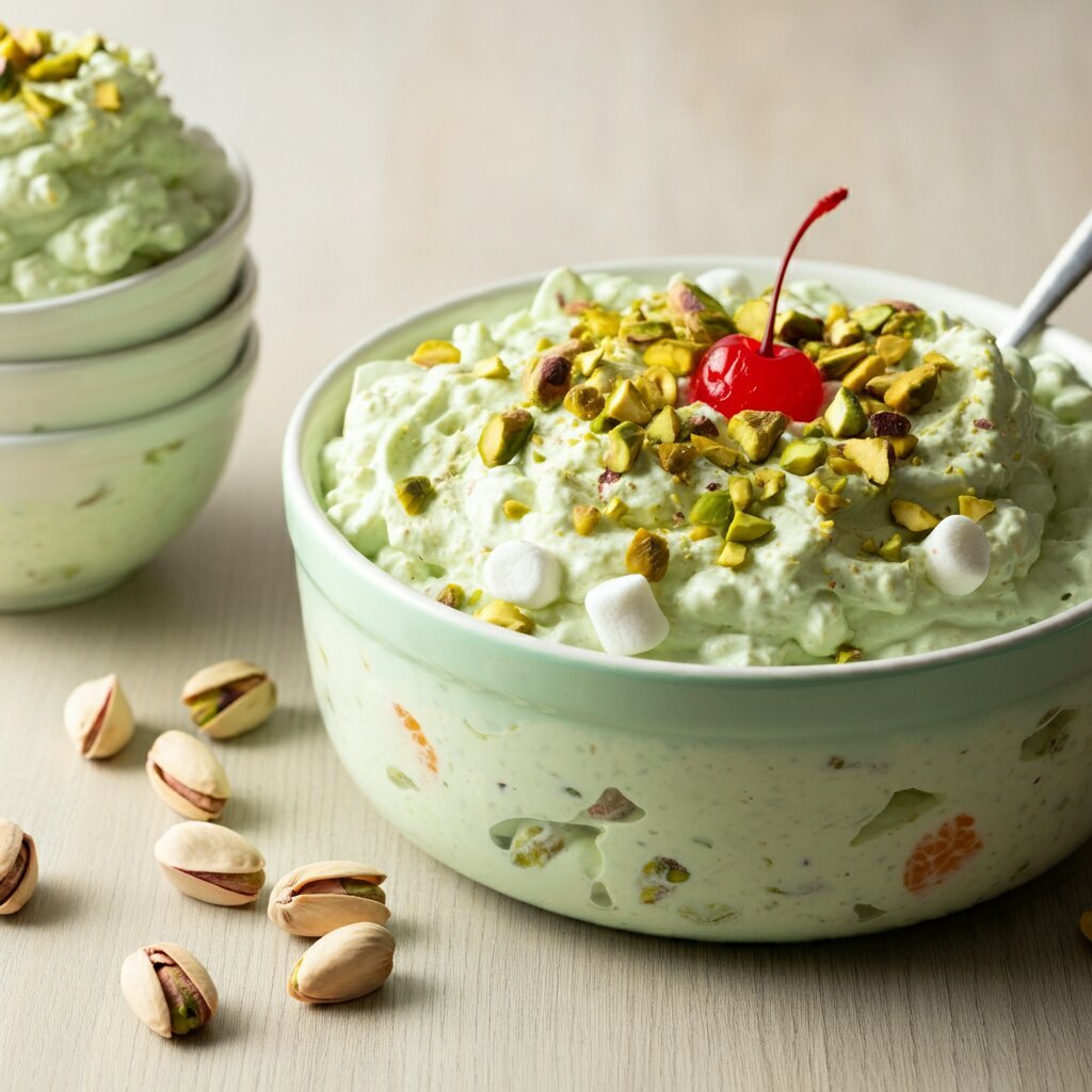 No-Sugar Pistachio Fluff with Pineapple and Mandarin Oranges Side view of a large bowl of pistachio fluff topped with pistachios, marshmallows, and a cherry, with smaller bowls beside it on a wooden surface.