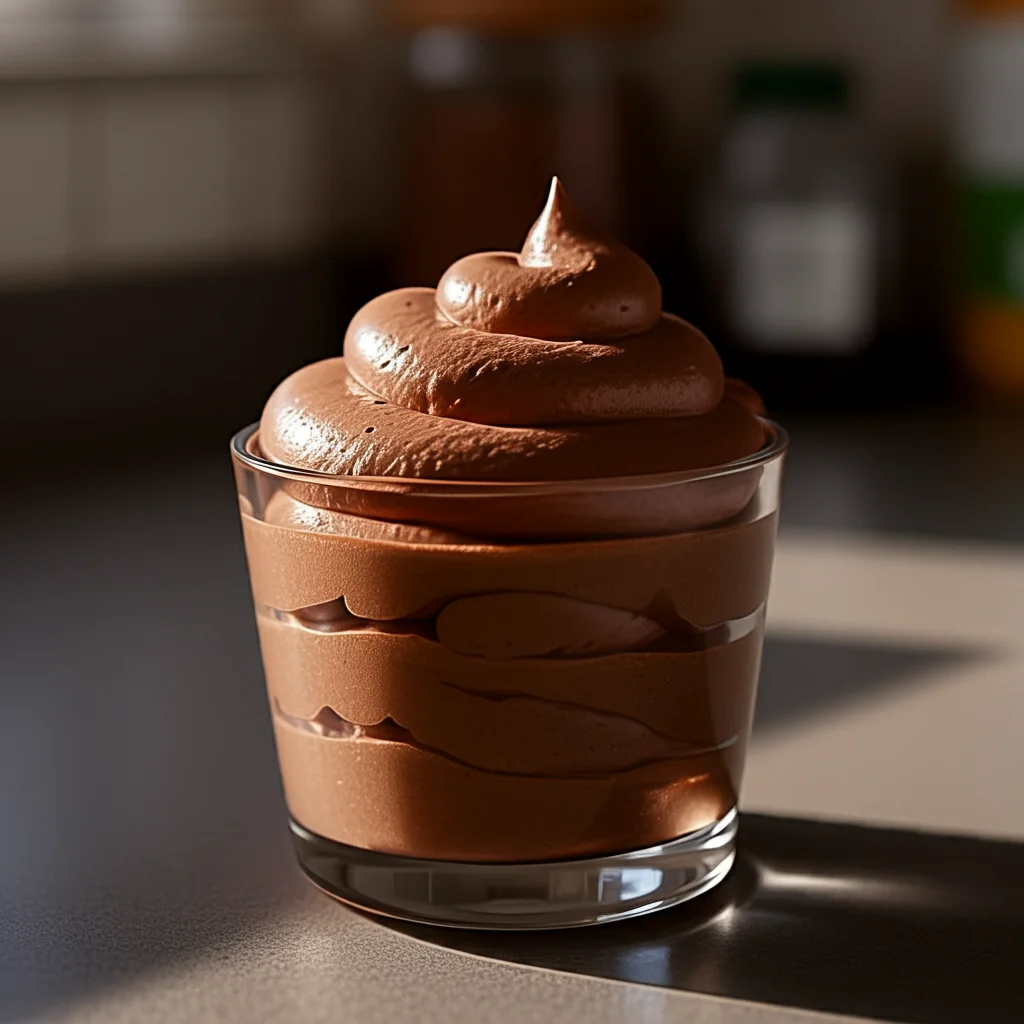 keto chocolate mousse A glass of creamy Keto Chocolate Mousse with a fluffy, rich texture, served in a dessert cup. The mousse is made with low-carb ingredients, perfect for a keto-friendly dessert. Soft natural lighting highlights the swirls and texture, creating an inviting and homemade feel."