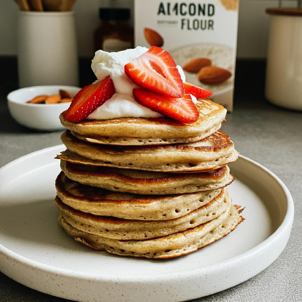 keto pancake A glass bowl filled with keto pancake ingredients—almond flour, eggs, cream cheese, and keto milk—sits on a cozy kitchen countertop. Surrounding the bowl are small glass dishes holding each ingredient separately. In another image, a stack of golden keto pancakes topped with whipped cream and fresh strawberries, looks delicious, captured casually by a mobile camera. One shot shows a close-up of a hand lifting a pancake from the stack, highlighting its fluffy texture and rich, golden color, perfect for a keto breakfast.