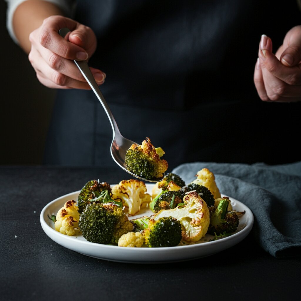 Crispy Parmesan Roasted Cauliflower and Broccoli
A hand holding a spoonful of roasted broccoli and cauliflower above a white plate, with the rest of the dish garnished with parmesan and herbs.