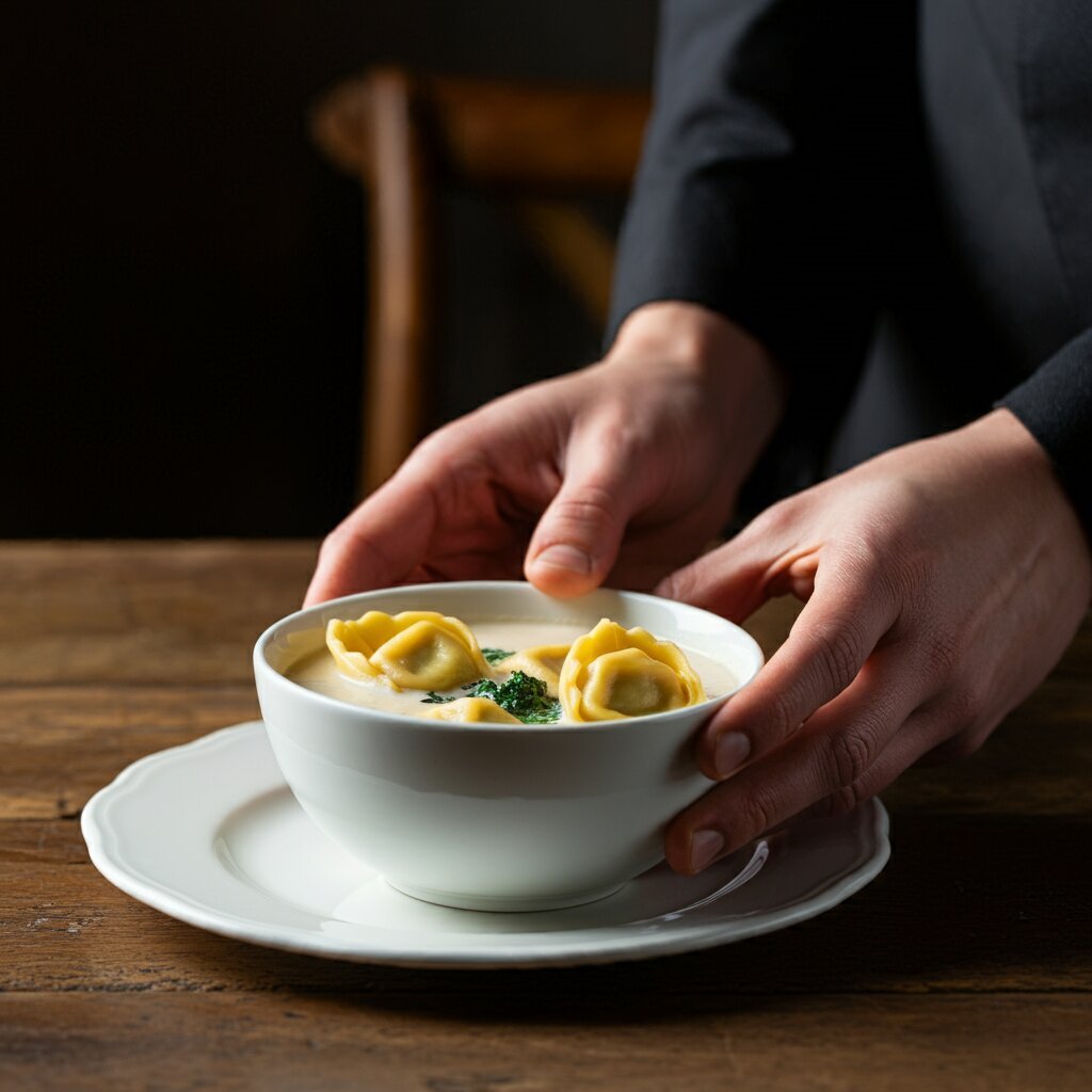 Creamy Weight Watchers Tortellini Soup
Hand holding a bowl of creamy tortellini soup with spinach and tomatoes, resting on a white plate in a rustic, professionally styled setup.
